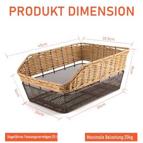 PINNAMAX Fahrradkorb Hinten groß,25L Weave fahrradkörbe mitTragkraft bis 20 kg, Sockel aus Metall Schultaschen Korb für Rennard,Wetterfest Rostet Nicht, E-Bike, Elektrofahrrad auf Gepäckträger inkl
