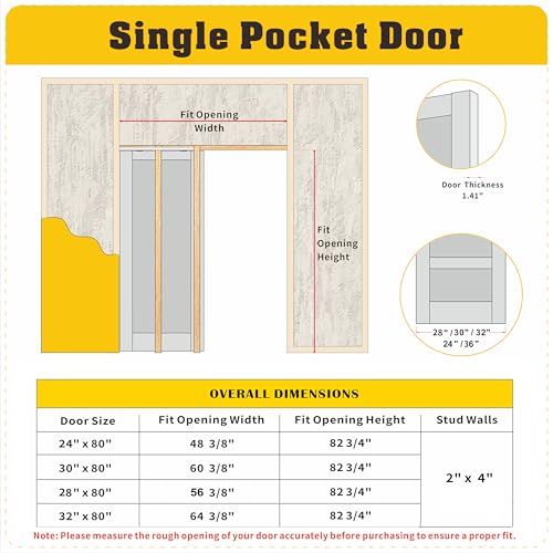 SOLRIG Sliding Pocket Door 30\" x 80\", 1-Lite Mirror Panel with Frame and Hardware Kit Set, Interior & Closet Single Finished Door Slab, White Primed