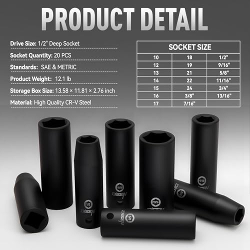Image of DISEN 20PCS 1 /2 inch Impact Socket Set, Deep Sockets SAE 13 /16 inch-3 /8 inch & Metric 10-24mm, 6-Point Cr-V & Alloy Steel, 1 /2 Inches Drive Impact Socket Set,Rugged Construction, Enhanced Storage Case
