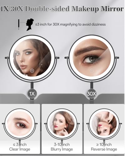 Espejo de maquillaje redondo con luz y 30X aumento miniatura 3