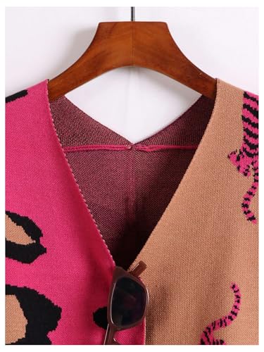 Image of WDIRARA Women's Leopard Tiger Print Cardigan V Neck Long Sleeve Color Block Button Down Sweater Outwear