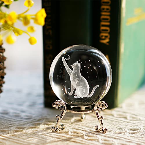 3D Cat Crystal Ball with Stand - Laser Engraved Moon & Stars - Image 6