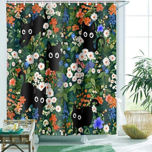 Fun Shower Curtain for Bathroom Boho Stall Modern Cute Aesthetic Decorative Girly Unique Cats Flowers Girls 72x72 Bath Curtain Set Print Design Teen Pretty Women Bathtub Black Cat Fabric Curtains