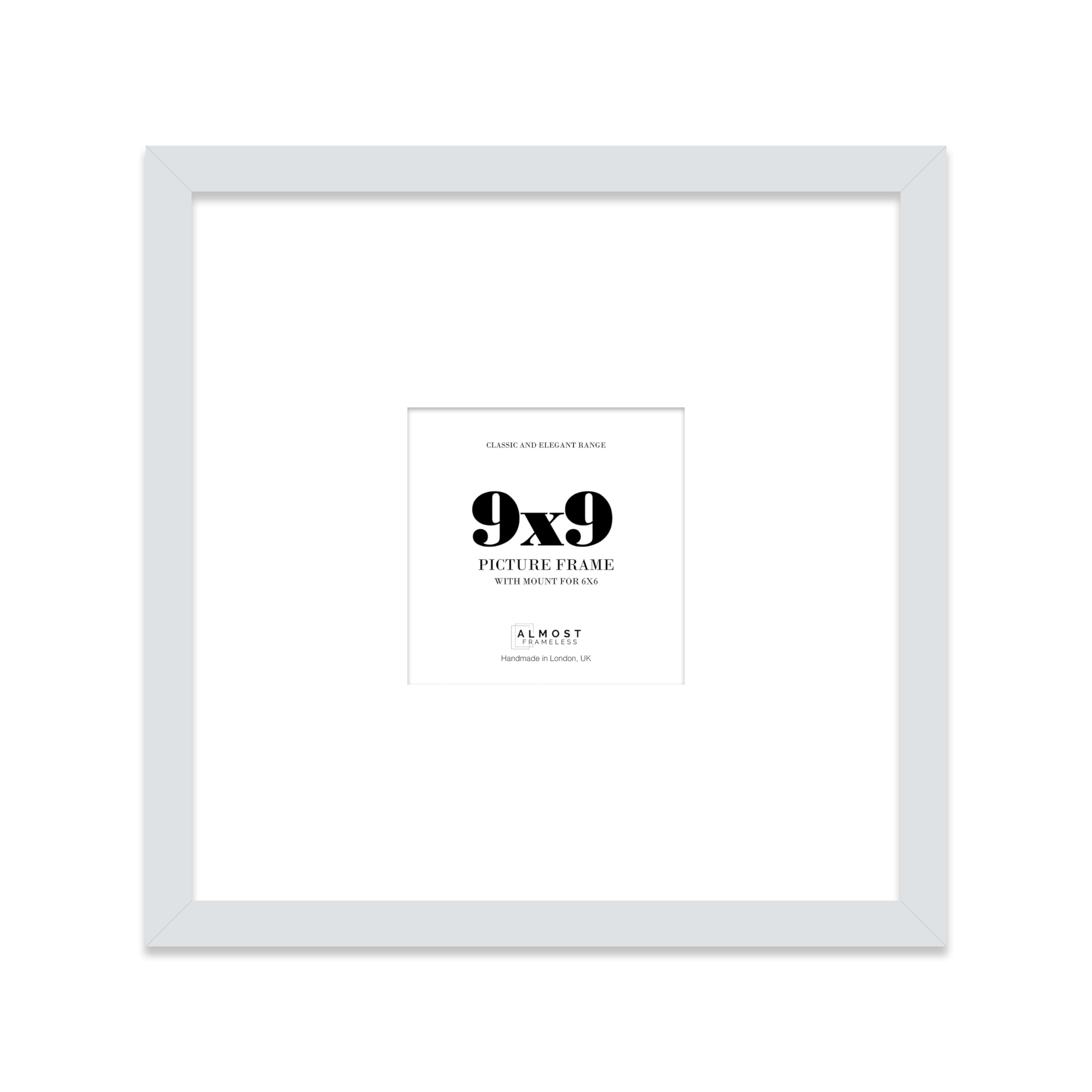 Almost Frameless 9x9 Square Picture Frame, Display Pictures 6x6 With Mat or 9x9 Without Mat, Wall Hanging & Free Standing Photo Frame, Light Grey, 1 Pack