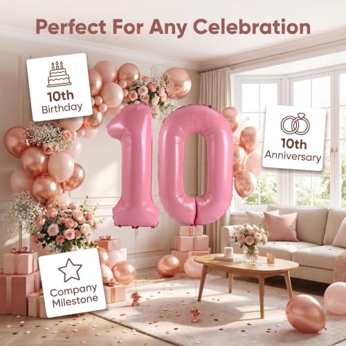 Image of Number 10 Balloon Foil Mylar Balloons for Birthday Party Decoration (Baby Pink, 40 Inch)