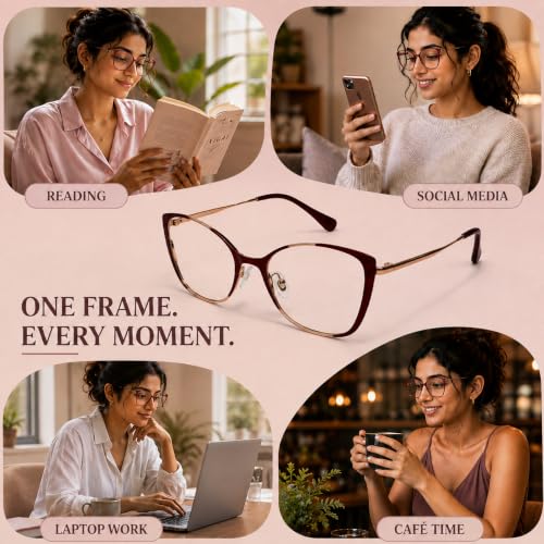 Image of LensKandy | Cat Eye Computer Glasses for Women | Zero Power Blue Light Blocking | 100% UV Protection | Medium size | For Daily works : Laptop, Mobile, Gaming, Office | LKM0002