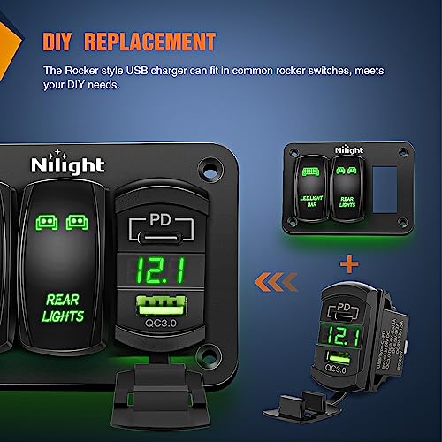 Image of Nilight Rocker Switch Style PD Type C and USB Outlet LED Voltmeter