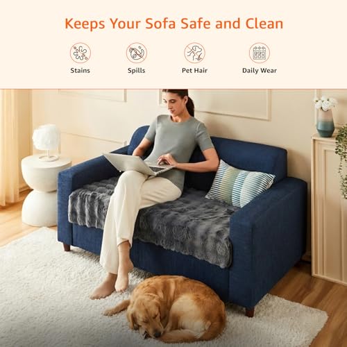 Image of Amazon Basics Plush Velvet Sofa Cover for Two Seater, Bubble Surface, Non-Slip Sofa Pad, 70x120 cm, Soft Silicone Grip Dots, 100% Polyester, Machine Washable - Dark Grey