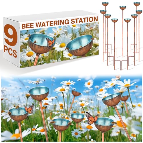 9 Pcs Bee Watering Station for Garden Bee Metal Watering Cups Butterfly Water Feeder Small Insects Bath Bowl Cups Metal Stakes for Outdoor Garden Decor, Blue