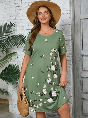 Image of AusLook Plus Size Midi Dress for Women Casual Summer Short Sleeve A Line Swing Dress with Pocket Round Neck Flowy Dress 1X-5X