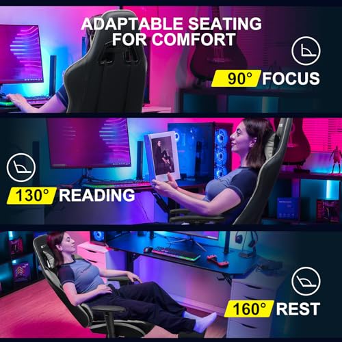 GTPLAYER Gaming Chair with Footrest, Ergonomic Computer Game Desk Chair, Reclining Game Chair Seat Height Adjustment, Swivel Rocker with Headrest and Lumbar (Grey) - Image 4