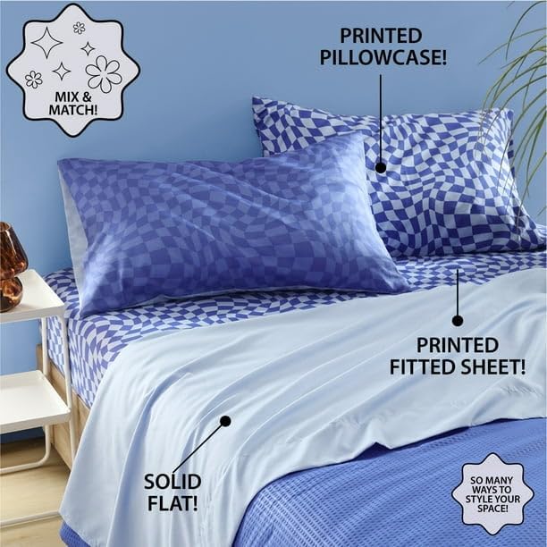 Urban Lifestyle Stylish Cozy 8 Piece Blue Check Sheet Set, Includes 4 Pillow Cases, 2 Flat Sheets, and 2 Fitted Sheets,Queen