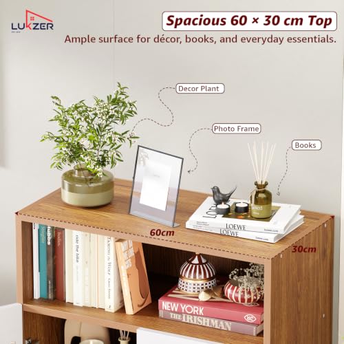Image of Lukzer Wooden Book Shelf & Storage Cabinet with White Doors (MR-034 /Oak Brown) Engineered Wood Bookshelf for Home, Bedroom, Office & Kitchen, Multipurpose Books Organizer & Display Rack (90x30x60 cm)