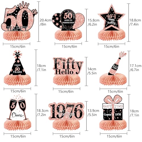 Image of 9Pcs 50th Birthday Decorations Honeycomb Centerpieces for Women, Rose Gold Pink Happy 50th Birthday Centerpieces Tables Toppers Party Decorations Supplies, Vintage 1976 Aged Table Sign Decor