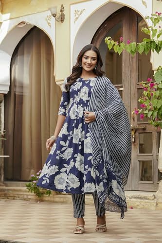 Image of NIVANA Floral Printed Kurta with Pant & Stripe Printed Dupatta | 3 /4 Sleeves | Round Notch Neck Button Detail