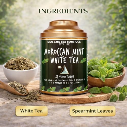 Image of Sancha Tea Boutique, Moroccan Mint White Tea, 25 Pyramid Bags, Rich in Antioxidants, Spearmint Blend, Silver Needles, Supports fight against PCOS /PCOD