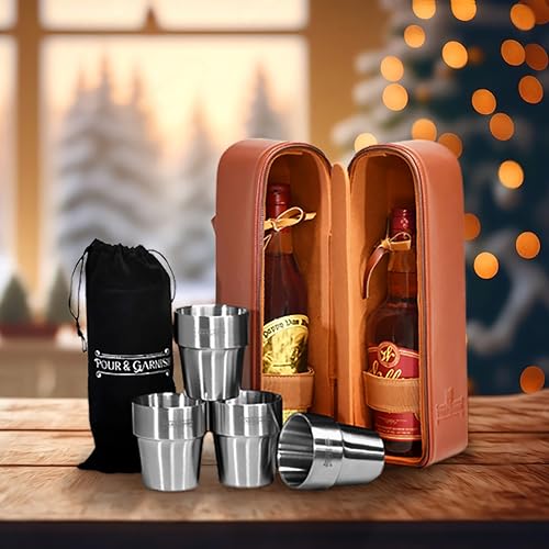 POUR & GARNISH Bourbon Whiskey & Wine Double Bottle Travel Bag with 4 Stainless Steel Double-Walled Vacuum Insulated Glasses - Makes a Great Gift!