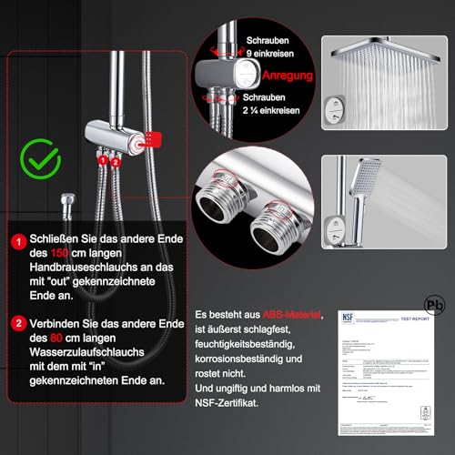 GAOZHI Douchekolom zonder mengkraan, complete set, douchesysteem, douchezuil, hydromassage, regendouche met vierkant 30 × 20 cm, ABS-douchekop en handdouche, 2 functies - Afbeelding 6