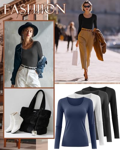 Ficerd 4 Pack Women's Scoop Neck T-Shirts Long Sleeve Cotton Slim Fit Tops Stretchy Tight Casual Basic Layering Shirts Tees4