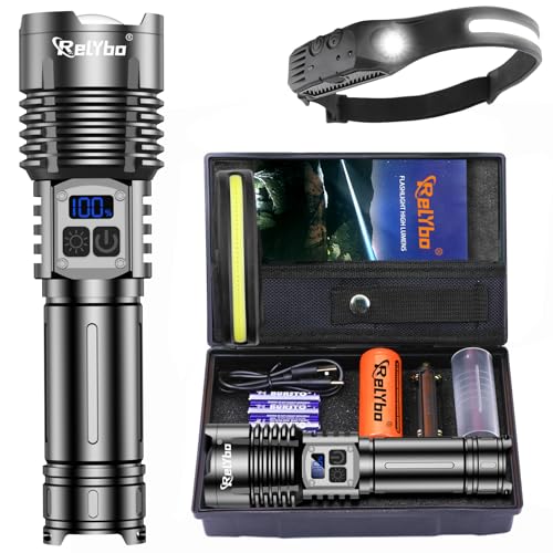 43% off - Relybo Torches LED Super Bright 500000 Lumen, Rechargeable Torch Flashlight, Powerful Torches Battery Powered, 2 Switches, 4 Lighting Mode, High Powered Torch for Dog Walking Camping Hiking Emergency