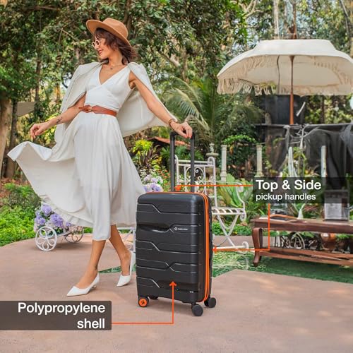 Image of Nasher Miles Cannes Hard-Sided Polypropylene Check-in Luggage 28 inch | 75cm | 8 Wheels Large Trolley Bag for Travel | Suitcase (Black Orange)