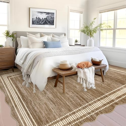 GarveeHome Washable Scalloped Rug 10x13 Area Rugs, Modern Neutral Living Room Rugs,Large Washable Solid Farmhouse Carpet Abstract Bordered Carpet for Bedroom Apartment Table Dorm Nursery,Brown