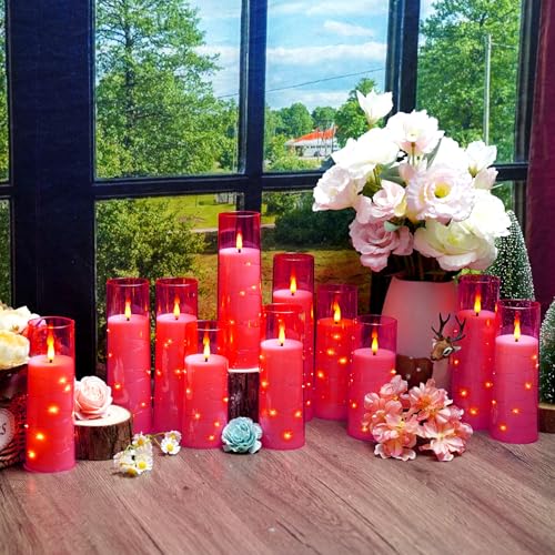 Image of Sasigeiaa Flameless Candles with Embedded Star String - Battery Operated LED Candles, with Remote,12 Pink Flickering Candles for Christmas, Weddings, Home Decor & Party,(D 2.3 inchxH 5 inch 6 inch 7 inch)