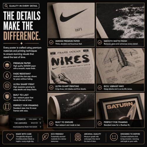 Image of 11 Piece Vintage Aesthetic Poster Set | 300 GSM Multi-Sized Wall Posters with Adhesive Tape | Nike, Space, Saturn, Music & Retro Art Prints for Bedroom, Room Decor, Home Decor & Wall Art