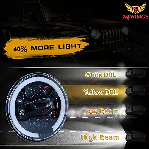 Image of Miwings 7 inch Round LED 1LNG8CB Style Hi /Low Beam Amber & White Headlight 75W H4 Compatible with Royal Enfield, Jeep, Thar, motorcycle, Cars, Harley Davidson