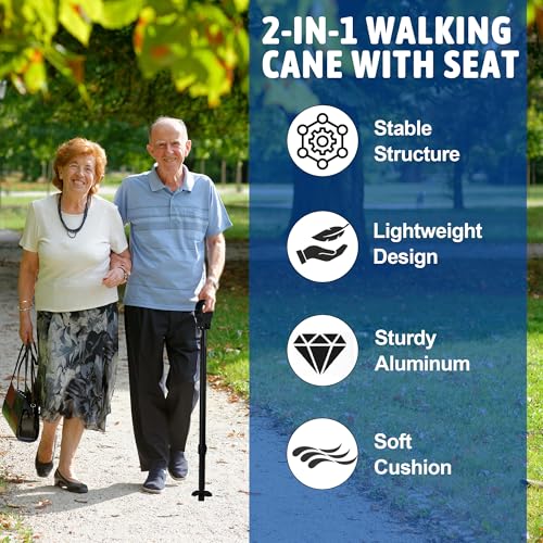 Image of Walking Cane with Seat, Cane Chair with Cushion Folding Lightweight Portable Seat for Adults Seniors Camping Hiking Travelling