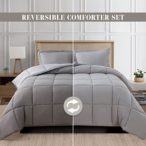 Image of Elegant Comfort 3-Piece Reversible Comforter Set, All Season Cozy, Soft Down Alternative, Quilted - Box Stitched - Duvet Insert with 4 Corner Tabs, Comforter with Shams, Twin XL, Gray /Silver