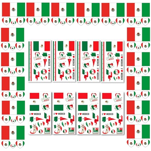 AhfuLife 24 Sheets Mexico Flag Temporary Tattoos for World Cup Decorations 2026, Mexican Flag Face Tattoo Transfer Stickers, Perfect for Independence Day, Football Sports Events, Party Celebration