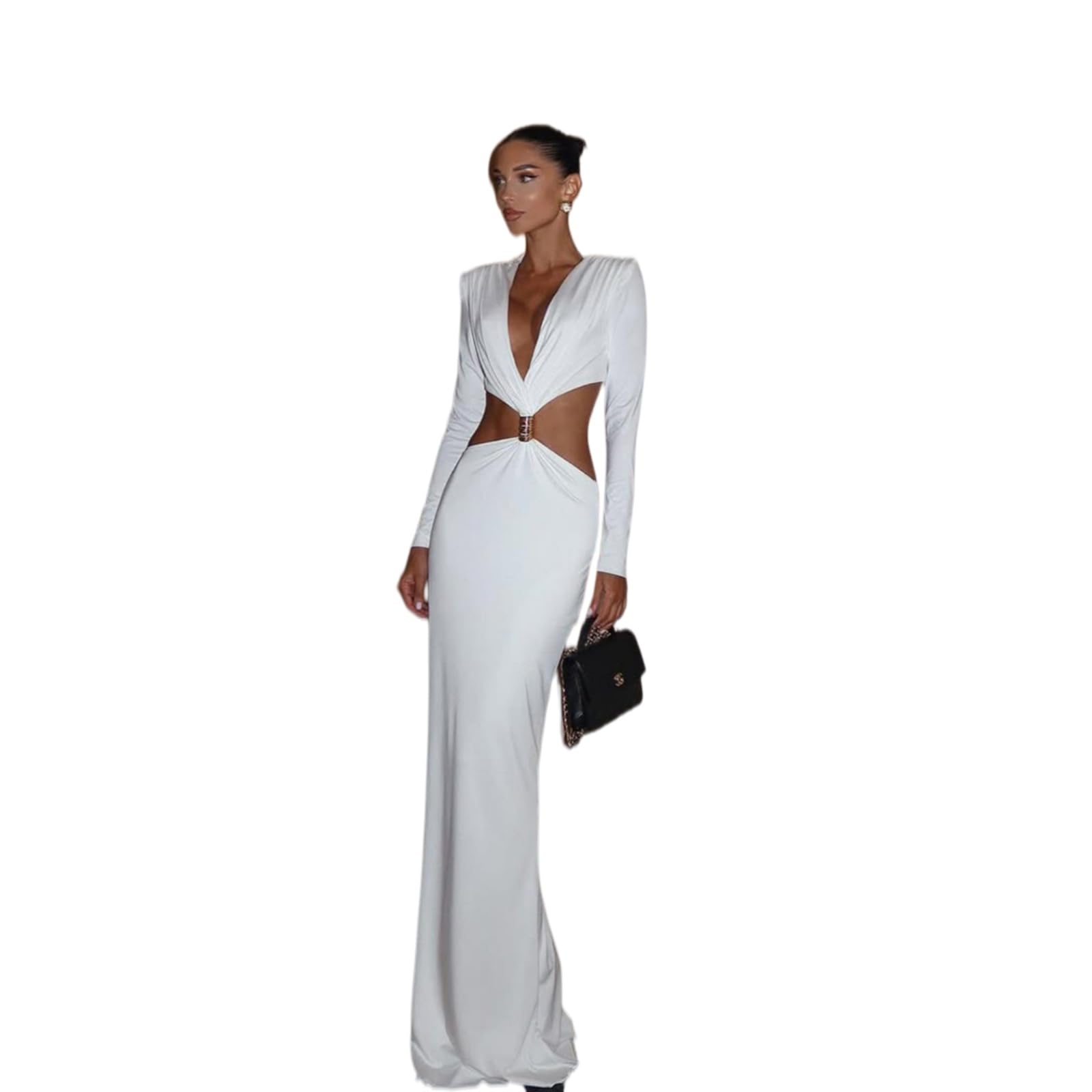 Vestito Donna Ruched Maxi Abito Profondo V Collo Manica Lunga Metallo Fibbia Elegante Festa Sera da Ballo-Black-s