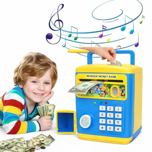 Image of High Trusted Kids Modern Money Safe ATM Machine, Finger Print Smart Sensor ATM Savings Money Bank with Electronic Lock (Blue)