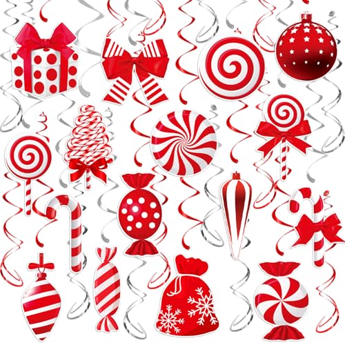 Image of Christmas Hanging Swirls Decorations - Red White Christmas Party Decorations Xmas Peppermint Candy Cane Hanging Ceiling Decor for Home Xmas Winter Holiday Party Decor
