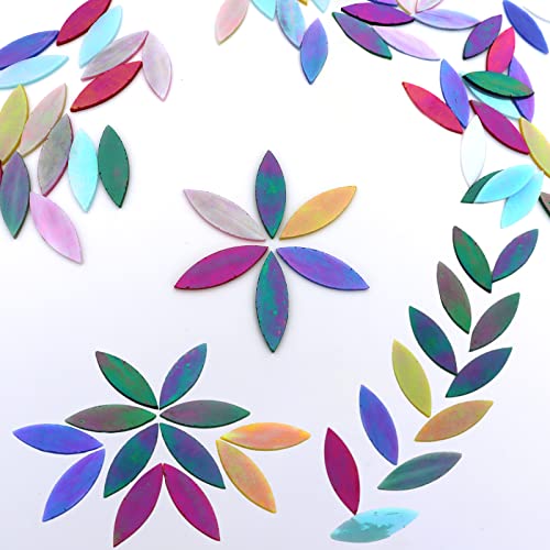 Litmind 50 Pcs Iridescent Glass Large Petals Mosaic Tiles For Crafts, 2" X 0.63" Hand Cut Stained Glass Leaves Pieces, Rainbow Glass Flowers Mosaic Making Supplies #TOP4