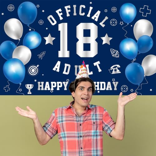 Image of Happy 18th Birthday Banner Backdrop 18th Birthday Decorations for Boy | Large Official Adult 18 Year Old Backdrop 18th HBD Party Decorations Supplies, Navy Blue Silver