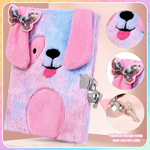 Sicbanna Plush Dog Diary For Girls With Lock And Key, Fuzzy Puppy Journal Notebook Gift Set For Kids Age 3 And Up, Puppy Journal With Mini Notepad Multicolored Pen Stickers Purse Stacking Crayons #TOP2