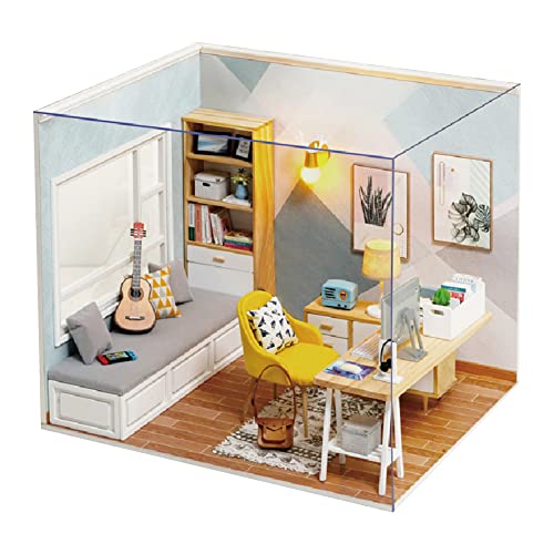 casa en miniatura Estudio Kit - Casa hecha a mano con muebles y luces LED, manualidades para decoración habitaciones adolescentes