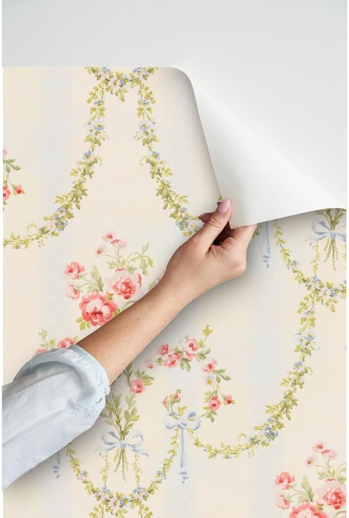 Peel & Stick Wallpaper 12ft x 2ft - Vintage Victorian Style Damask Floral Vintage Stripe Rococo Rose Custom Removable Wallpaper by Spoonflower