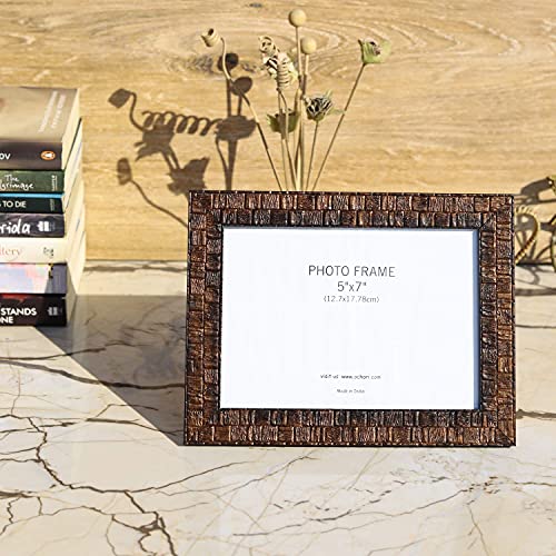 Image of Vintage Gulley 5x7 Inch Photo Frame, Brown Wooden Look Square Design | Polystyrene (PS) Tabletop Frame with Stand | Horizontal Display for Home & Office Decor
