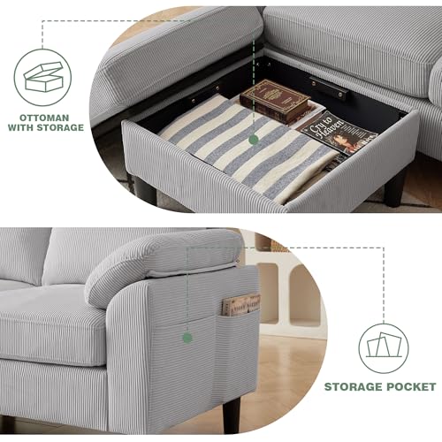 Image of 4 Piece Modern Corduroy Sofa Set, L-Shaped Sectional Couch with Storage Ottoman, Loveseat & Single Arm Chair, Side Storage Pockets, Removable Cushions for Living Room Apartment
