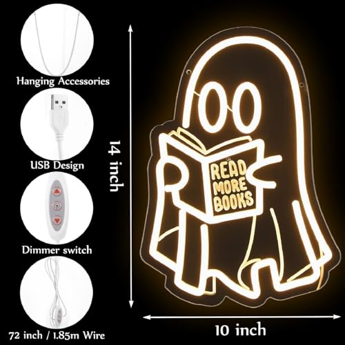 Image of Retisee Ghost Reading Book Lamp Reading Ghost Neon Sign LED Room Hanging Sign Book Neon Light for Bedroom Home Library Read Club Kids Room Store Lover Gifts