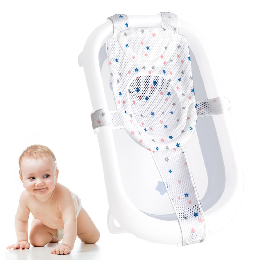 Cojín de baño para bebé, Ajustable Red de Soporte para Bañera, Cojin Bañera Bebe, Reductor y Adaptador Antideslizante, Colchoneta y Hamaca Baño Bebé para 0-36 meses