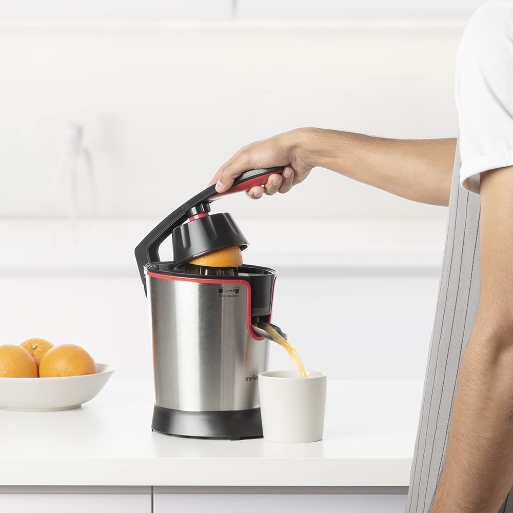 Mellerware - Spremiagrumi elettrico Professionale | 300 W | Mixer con accessori | 4 Lame | Estrattore con Velocità Regolabile e Turbo | Sistema Anti-Schizzo | Acciaio Inox | Finiture Rosse