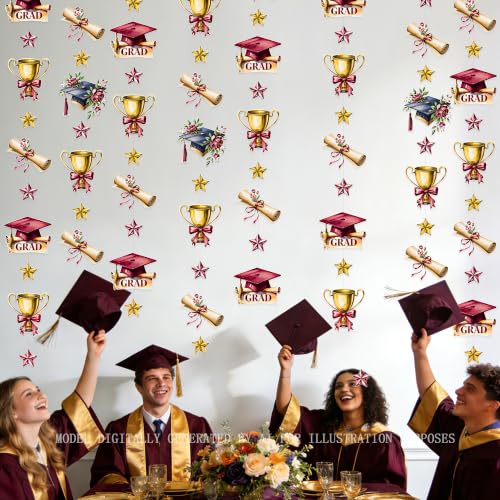 Image of Maroon Gold Graduation Party Hanging Streamer Floral Burgundy Gold Star Grad Cap Garland Banner for Congrats Grad Class of 2026 You Did It We are So Proud of You Themed Party Decorations Supplies