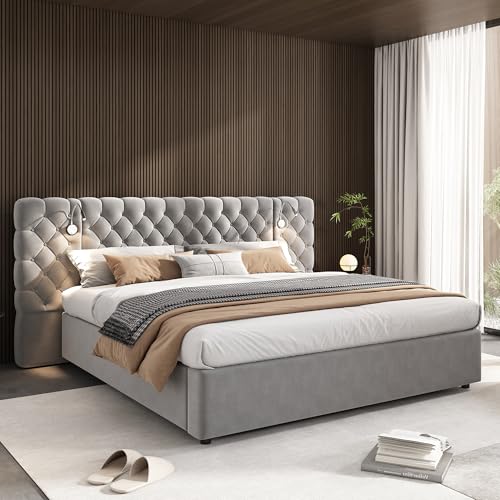 Jtyca Cama Tapizada 180 x 200 cm, Cama Doble con Almacenaje, Cabecero Ancho Blando, Cama con Elevación Hidráulica para Almacenaje Extra, Terciopelo, Gris, Colchón No Incluido