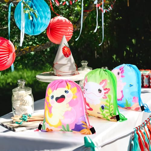 Image of Honoson 16 Pcs Axolotl Drawstring Backpack Axolotl Goodie Bags Amphibian Themed Gift Bags Drawstring Backpack Reptile Animals Party Favors Snack for Axolotls Birthday Party Supplies Baby Shower Decor