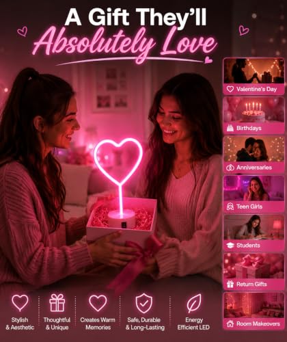 Image of Quace Heart Neon Light Pink LED Lamp for Room Decor, Dual Power USB & 3 AA Batteries, Romantic Heart Shape Night Light for Bedroom, Girls Room Decor, Desk Decor, Valentine's Gift, Birthday Gift