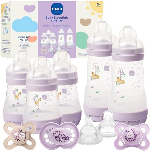 Image of MAM Easy Start Anti-Colic Baby Bottle & Pacifier Set, 5 Self Sterilizing Bottles (3X 5oz, 2X 9oz) & 3 Original Pacifiers 0–16 Months + Extra Nipples, Newborn Feeding Gift Set